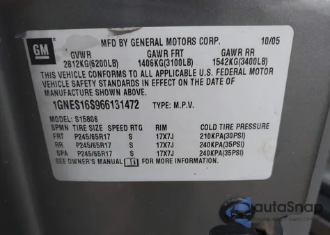 2006 Chevrolet Trailblazer Ext Lt из США, поврежденный, VIN 1GNES16S966131472